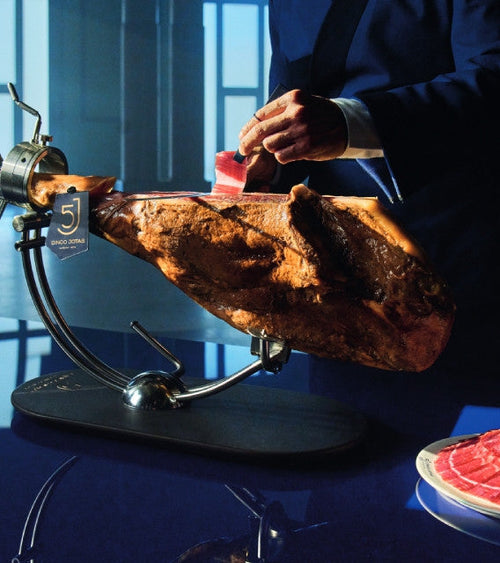 Cinco Jotas Acorn-fed 100% Ibérico Ham (Whole Bone-in Ham) 15-18 lb with Ham Holder + Jamon Knife Set | FREE SHIPPING!